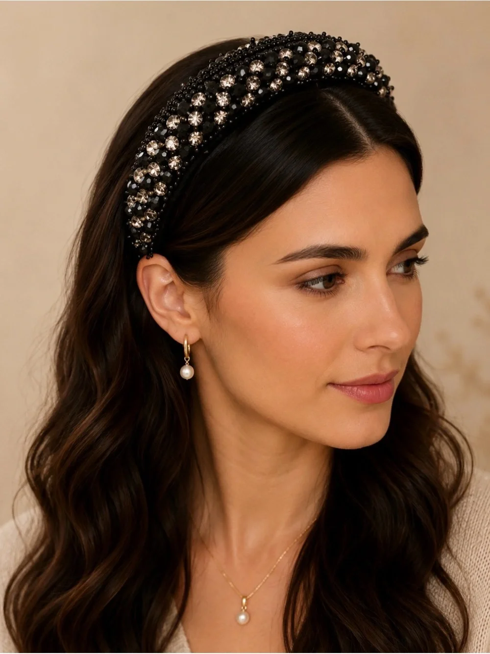 Handmade Black Beaded Headband with Clear Crystal Accents